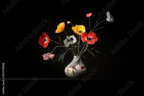 Vase with colorful poppies arranged in decorative floral display