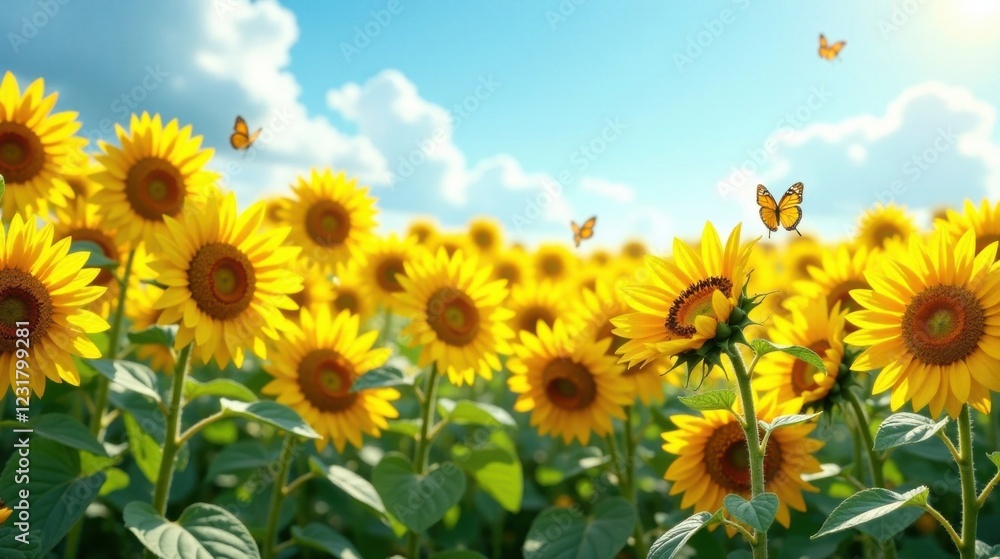 Fototapeta premium Sunlit Field of Golden Sunflowers with Graceful Butterflies Dancing on a Gentle Breeze