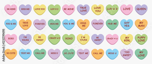 Sweet heart candy. Conversation sweets. Set of colorful сonversation hearts with different saying for Valentine's Day. Sweetheart candies. Sweet heart candy isolated on white background	
