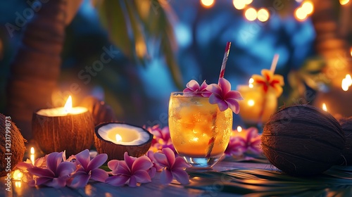 A tropical-themed party with coconut drinks, floral leis, and tiki torches lighting up the night.