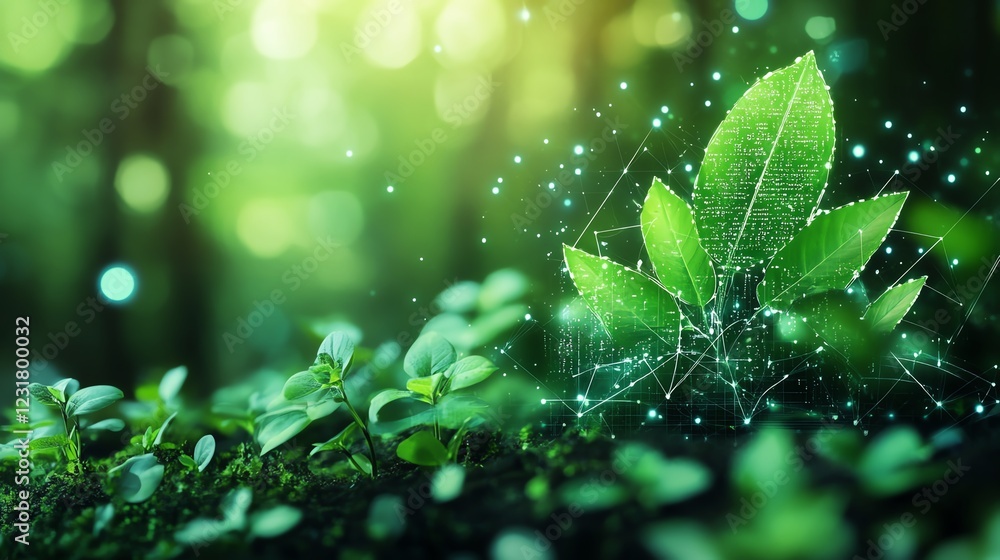 A futuristic digital image of ESG with data analytics and nature components, symbolizing ethical, responsible reporting and green business practices