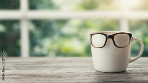 Wallpaper Mural A quirky coffee mug with glasses sits on a wooden surface, set against a soft, blurred background of greenery and a window. Torontodigital.ca