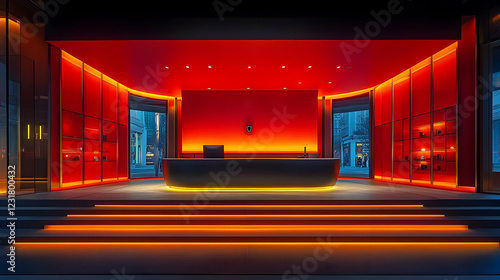 Photo: Modern Red and Orange Lit Interior Design with Reception Desk and Steps