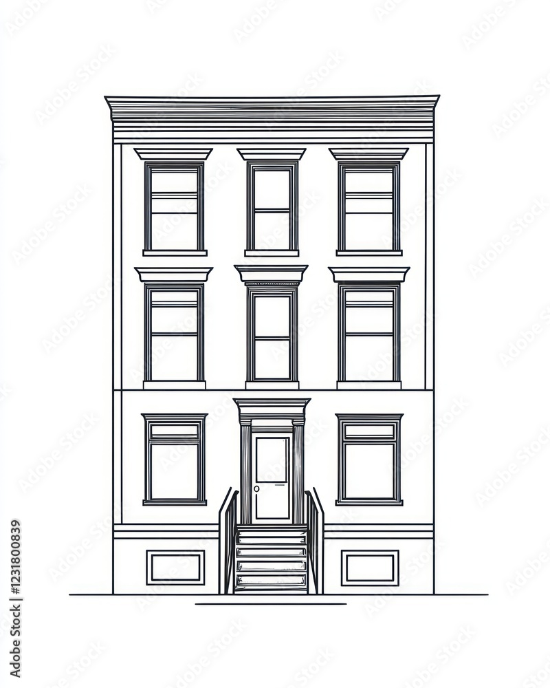 A Line Drawing of a Classic Three Story Building A Line Drawing of a Classic Three Story Building