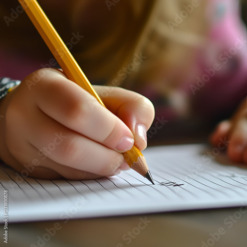 Child's Hand Writing: A close-up shot of a child's hand diligently writing with a yellow pencil on lined paper, capturing the innocence and focus of learning.