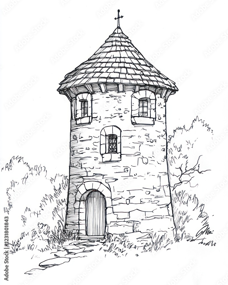 Fototapeta premium Stone Tower Drawing with Cross Top and Lush Foliage