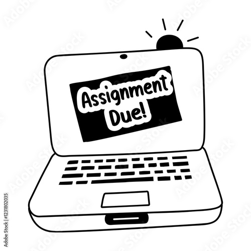 A glyph sticker of a laptop written assignment due on its screen 