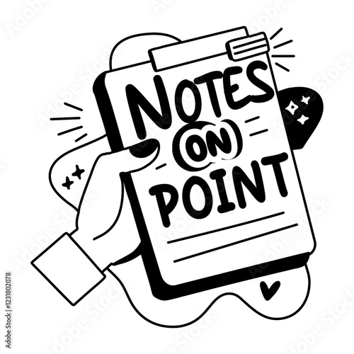A glyph sticker of notes on point typography written on a paper
