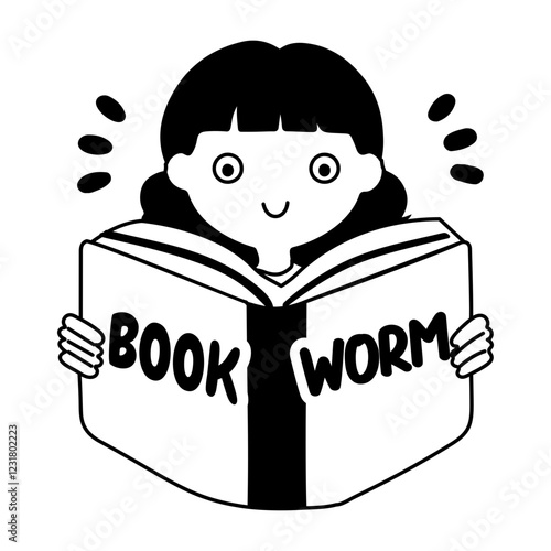 A glyph sticker of a bookworm character reading a book 