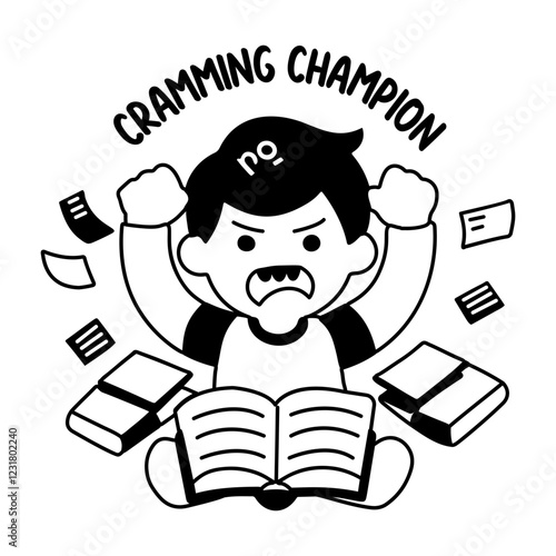 A glyph sticker of an intensive student with cramming champion typography 