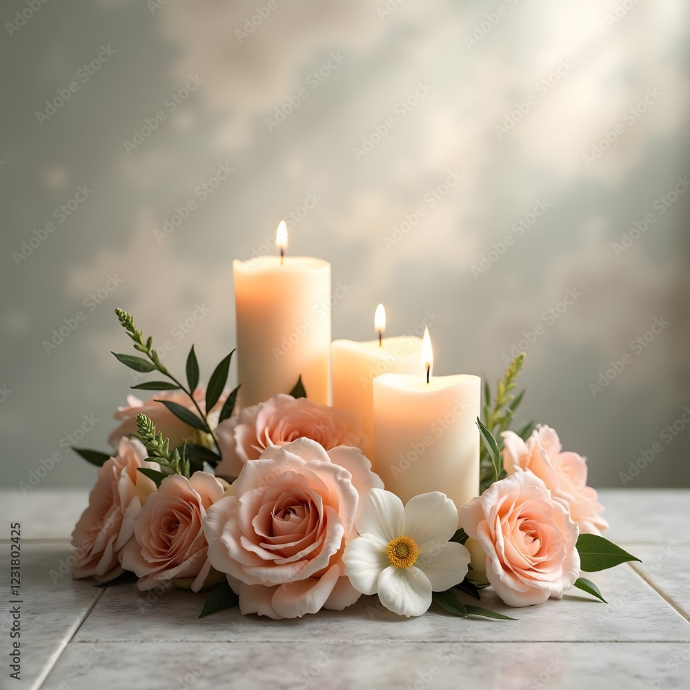 Enchanting Flower and Candle Arrangement on Ceramic Tile Enchanting Flower and Candle Arrangement on Ceramic Tile