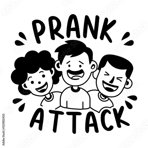 A glyph sticker of laughing characters with prank attack typography 
