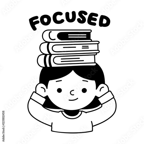 A glyph sticker of a student carrying books on his head with focused typography 
