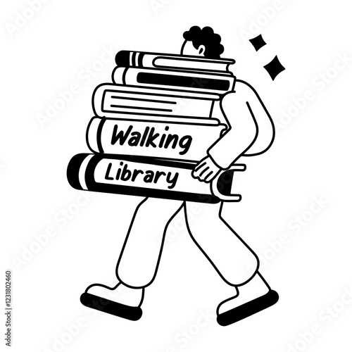 A glyph sticker of a character holding of books with walking library text 