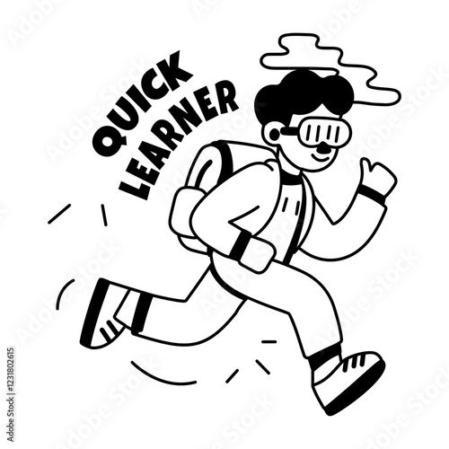 A glyph sticker of a running student with quick learner typography 