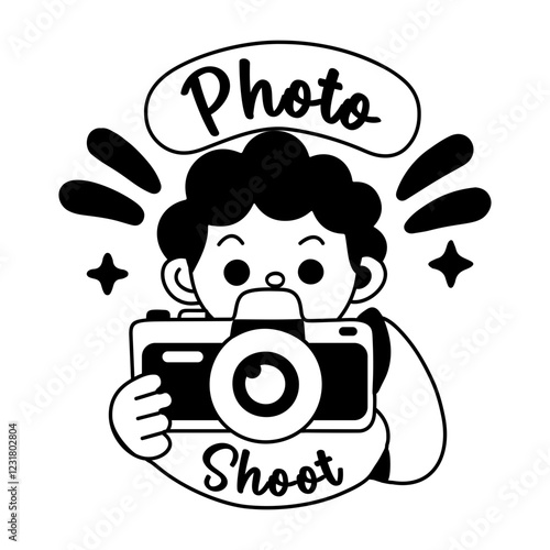 A glyph sticker of a character holding a camera with photoshoot typography 