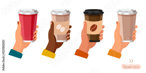 A takeaway coffee cup in your hand. Hands holding cup Disposable plastic or paper cup with lid. Hot coffee, tea or takeaway drink. Vector illustration on white background