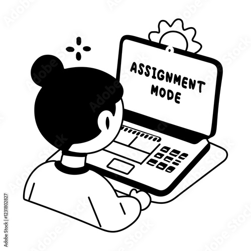 A glyph sticker of a student working on laptop with assignment mode typography 