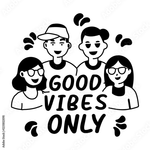 A glyph sticker of a group of friends with good vibes only typography 