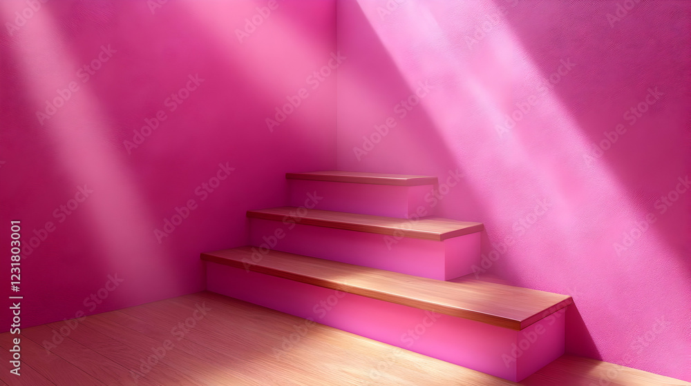 Obraz premium 3D Illustration Pink Room Wooden Steps Light Beams Interior Design Background