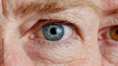 Close-up of blue and brown eyes, focused gaze, skin texture visible photo