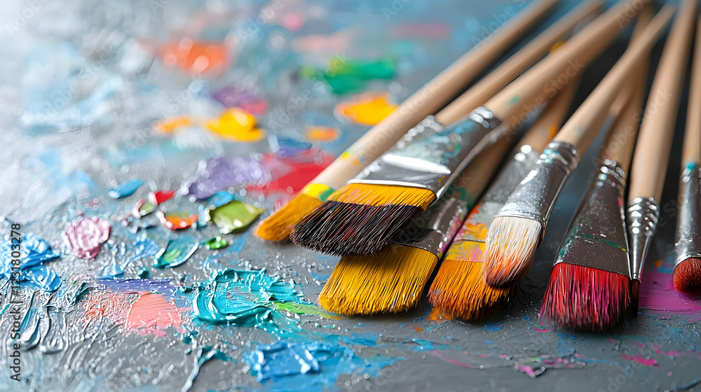 Fototapeta premium Colorful paintbrushes on palette, studio background, art supplies