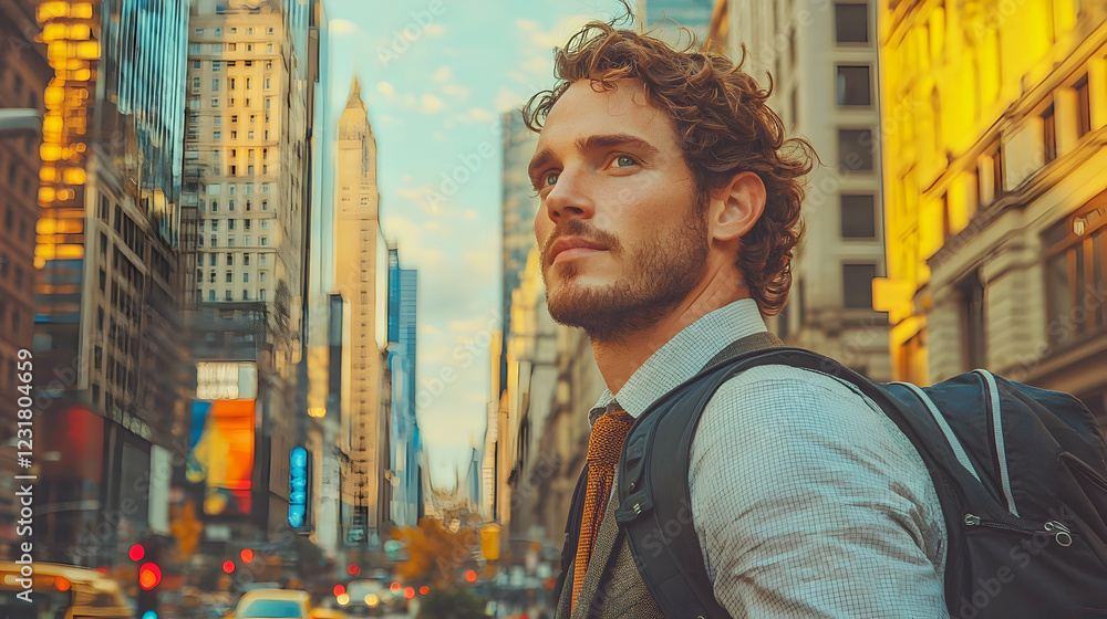 Young man in NYC, sunset commute, city background, stock photo Young man in NYC, sunset commute, city background, stock photo
