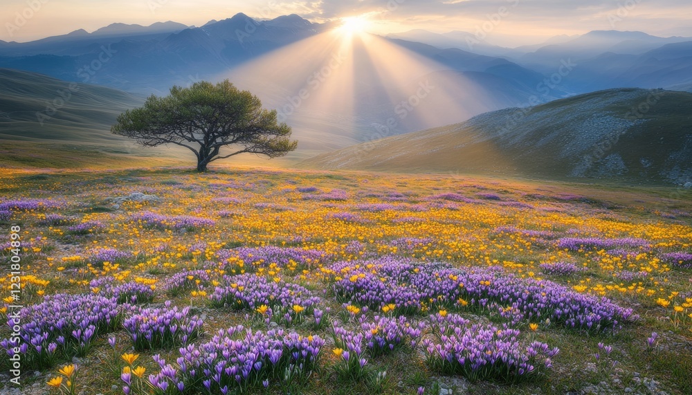 Naklejka premium Field of Dreams Sunbeams Illuminate a Meadow of Purple and Yellow Crocuses at Sunrise