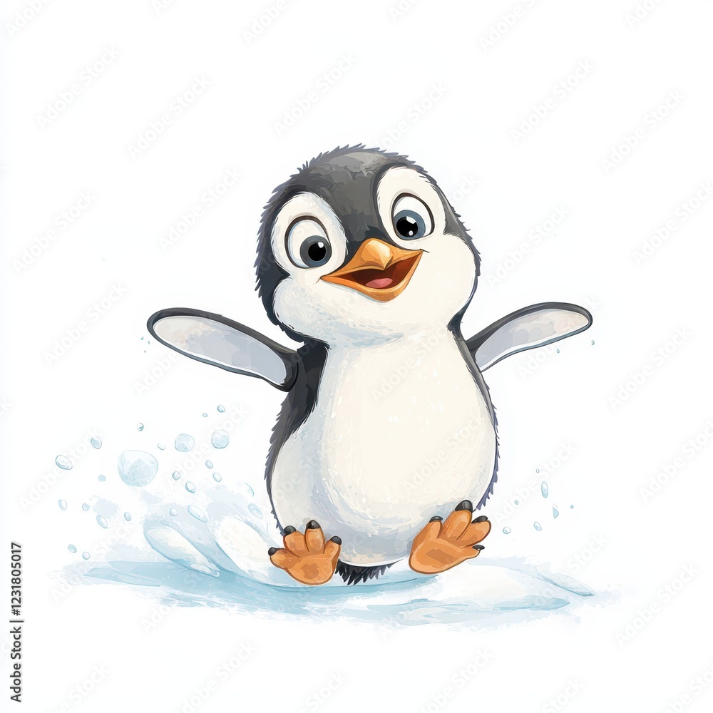 Fototapeta premium Playful penguin sliding on ice winter wonderland animated character cheerful environment adorable viewpoint joyful concept