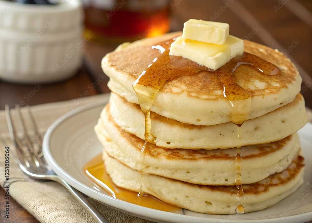 A stack of fluffy, golden pancakes topped with a pat of melting butter, Each pancake’s light texture and appealing appearance captured with precision A stack of fluffy, golden pancakes topped with a pat of melting butter, Each pancake’s light texture and appealing appearance captured with precision