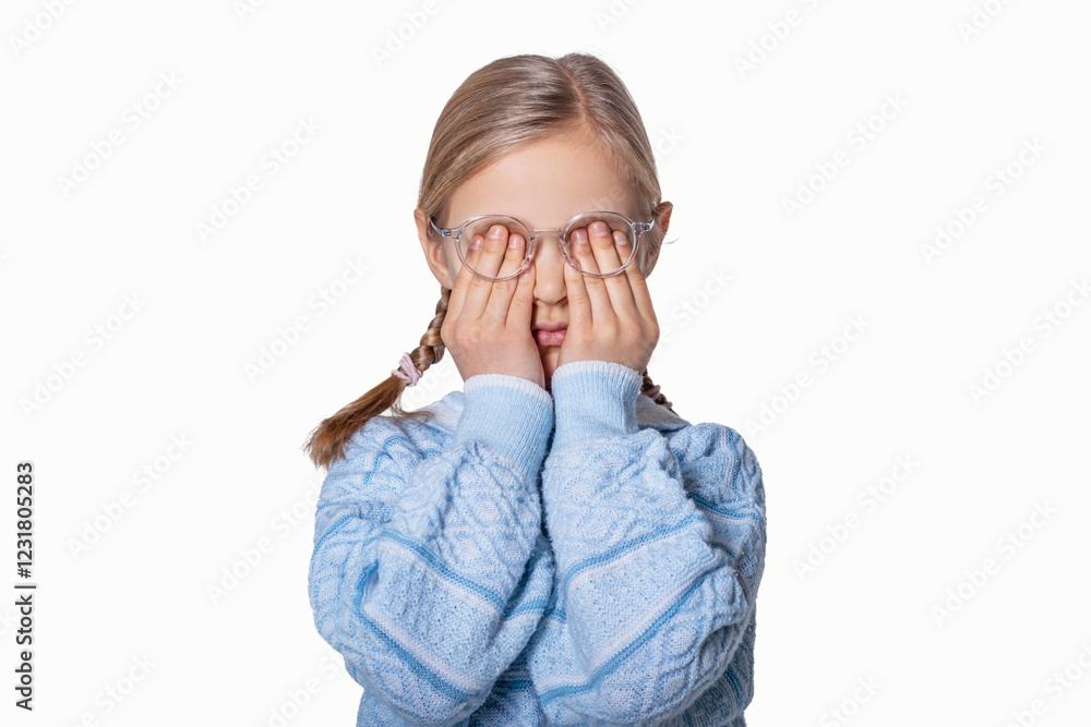 Eye Fatigue and Eyes Strain in Children. Eye Fatigue Glasses in Child Isolated on White Background. Anti-Fatigue Lens for Tired Eyes in Little Kid. Eye Fatigue and Eyes Strain in Children. Eye Fatigue Glasses in Child Isolated on White Background. Anti-Fatigue Lens for Tired Eyes in Little Kid.