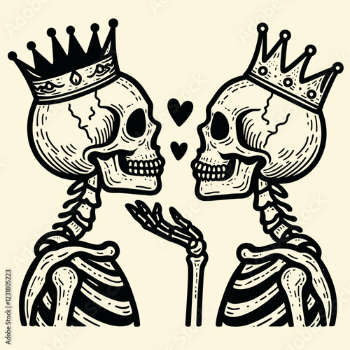 Two crowned skeletons share a loving gaze, symbolizing eternal love with hearts in between, blending romance and macabre art.