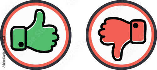 Simple green and red thumbs up and down sign / icon illustration vector. 