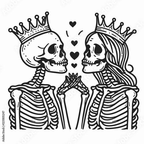 A whimsical illustration of two skeletons in crowns, gazing at each other with love hearts, symbolizing a unique and playful take on romance.