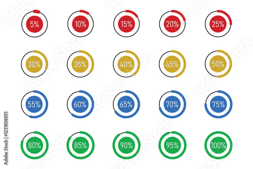Set of circle percentage diagrams from 0 to 100 for infographics, lignt, 5 10 15 20 25 30 35 40 45 50 55 60 65 70 75 80 85 90 95 percent.