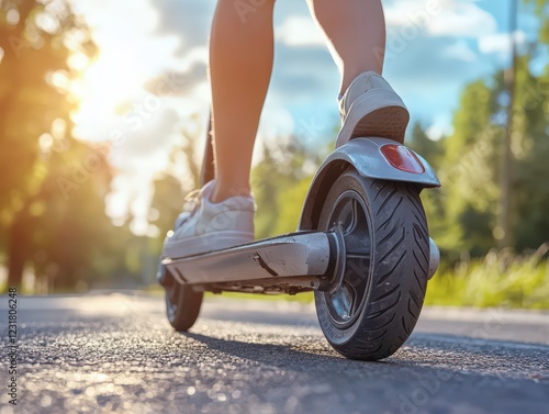 Closeup of person riding eco friendly electric scooter rides in urban city street at sunset demonstrating the power