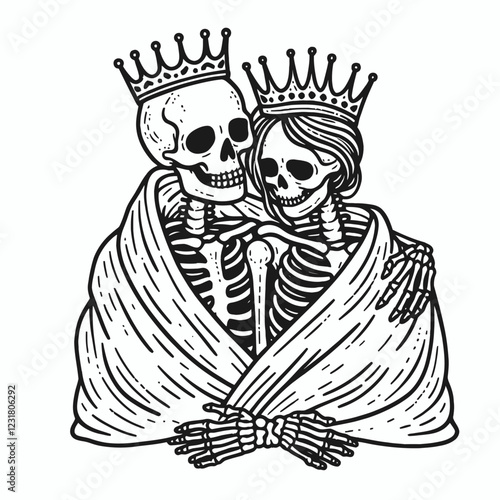 A playful illustration of a skeletal couple wearing crowns, embracing under a blanket, symbolizing eternal love.