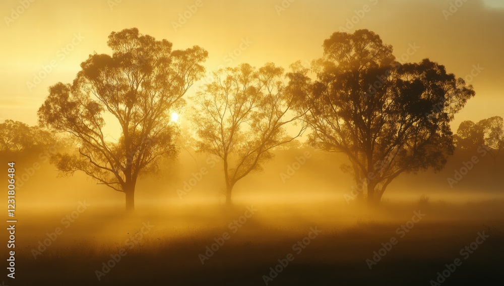 Obraz premium A field of trees with the sun shining on them