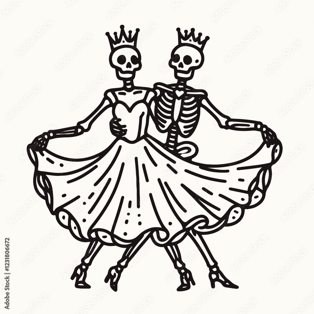 A whimsical illustration of two skeletons dancing together, both wearing crowns and elegant dresses, capturing a playful take on life and death. A whimsical illustration of two skeletons dancing together, both wearing crowns and elegant dresses, capturing a playful take on life and death.