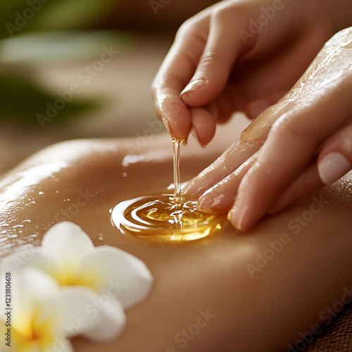 Spa Relaxation and Rejuvenation: Hands gently pour oil on back during a spa treatment, promoting relaxation and well-being. Close-up captures the harmony of touch and care. 