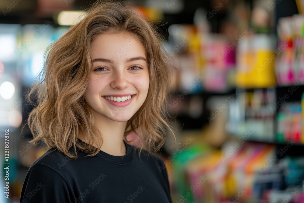 Smiling young woman in casual clothing in a colorful store, showcasing friendly atmosphere and engagement with customers in retail environment. Smiling young woman in casual clothing in a colorful store, showcasing friendly atmosphere and engagement with customers in retail environment.