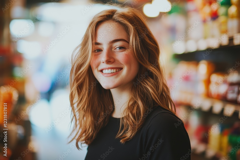 Smiling young woman in grocery store aisle surrounded by colorful products, showcasing happiness and confidence in vibrant shopping environment. Smiling young woman in grocery store aisle surrounded by colorful products, showcasing happiness and confidence in vibrant shopping environment.