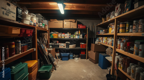 Wallpaper Mural Storage room in house basement with food preserves on shelves, garden tools and boxes. Vector cartoon interior of storeroom in home cellar with wooden stairs and crates with vegetables Torontodigital.ca