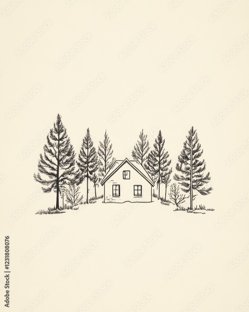 A Simple House Amidst Tall Evergreen Trees A Simple House Amidst Tall Evergreen Trees