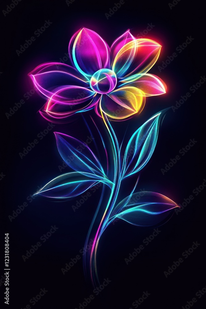 Obraz premium Glowing neon flower on dark background, design element, digital art, poster, or wallpaper