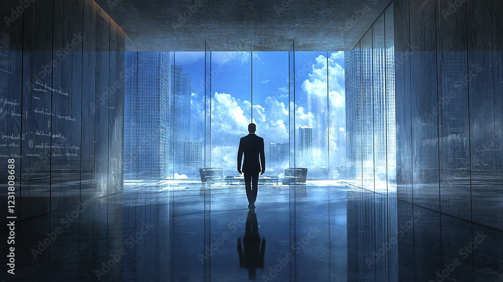 Fototapeta premium Elegant businessman walking towards glass wall overlooking a bright blue sky with clouds, modern office space reflecting contemporary architecture and design elements.