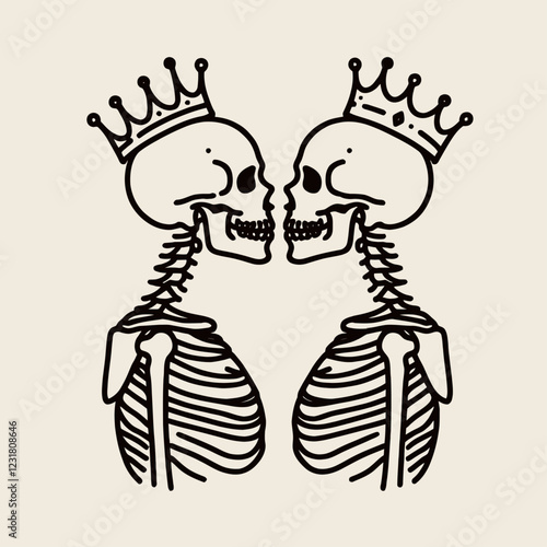 A whimsical illustration of two skeletons wearing crowns, leaning toward each other in a playful, affectionate manner.
