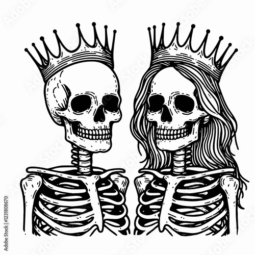 Two skeletons wearing crowns, symbolizing a royal or gothic theme, are shown side by side, blending macabre and regal elements in a striking design.