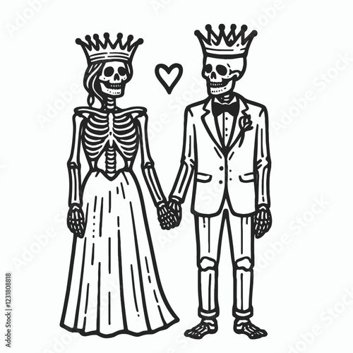 A whimsical illustration of a skeleton couple in crowns, holding hands and expressing love, combining elements of romance and Halloween.