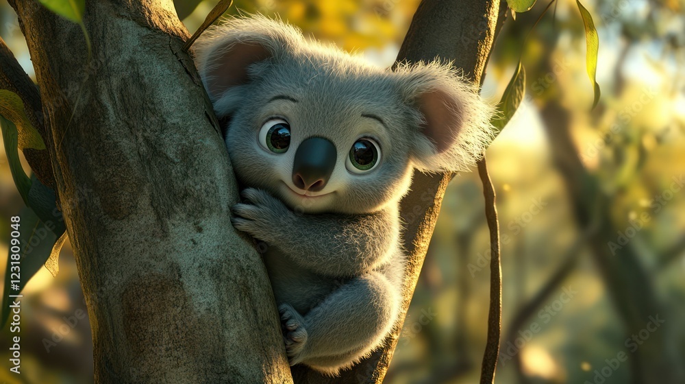 Fototapeta premium Cute koala cub in eucalyptus tree, Australian forest background, children's book illustration (1)